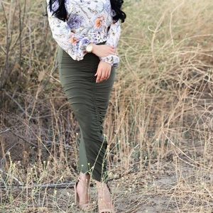 Olive green ruched maxi skirt